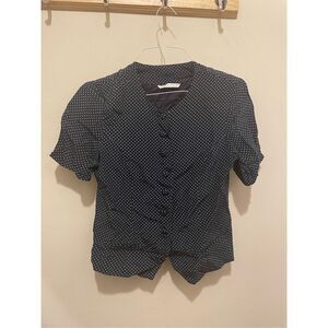 Vintage Annie Alexander navy blue button down polka dot blouse